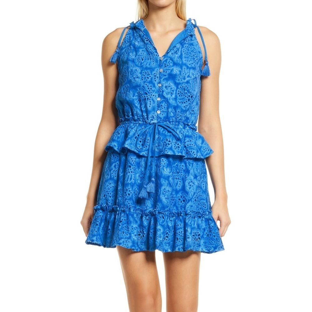 BTFL-life Women’s Blue Tie Dye Ruffle Mini Dress Eyelet Shoulder Tie Size Small